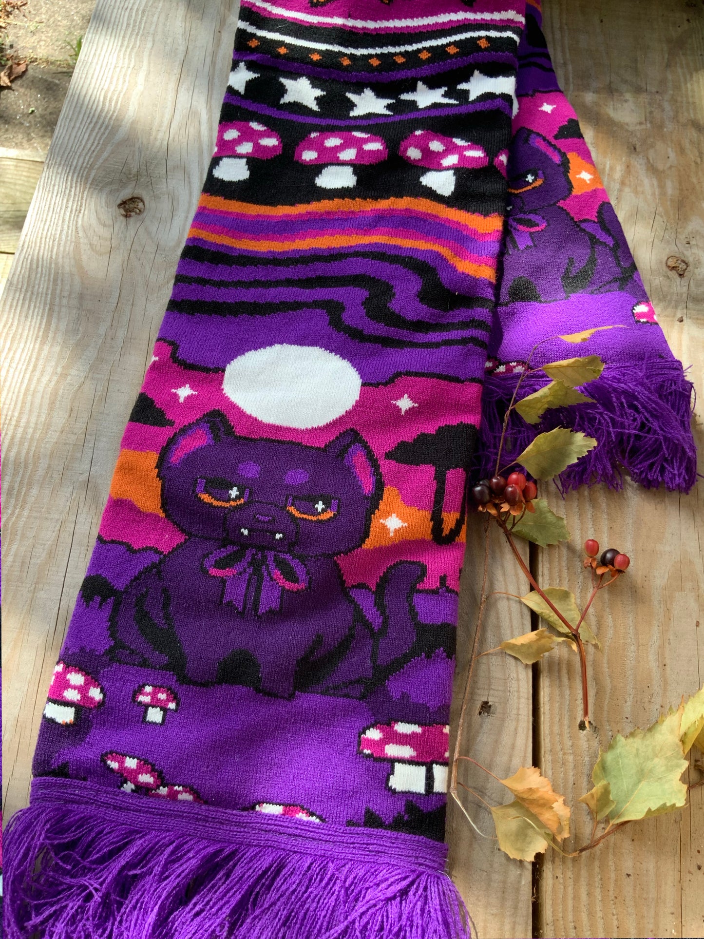 Black cat knitted acrylic scarf