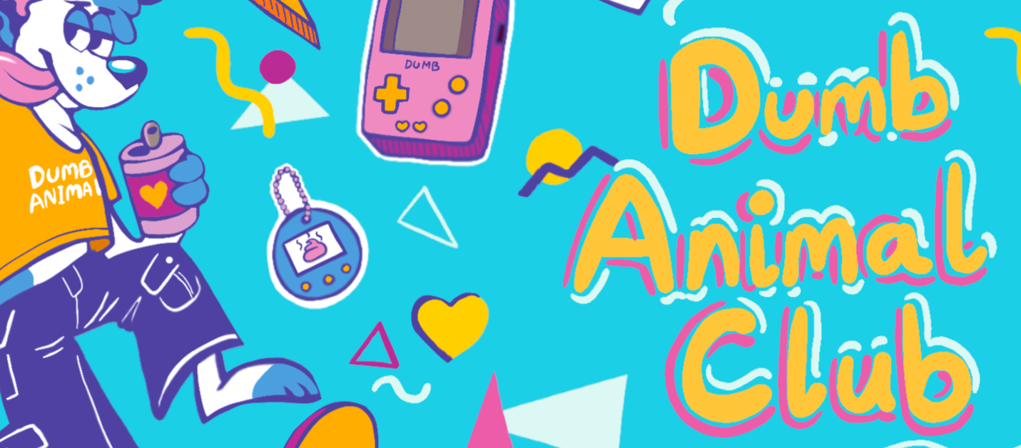 Colorful graphic with 'Dumb Animal Club' text and retro-style elements on a blue background.