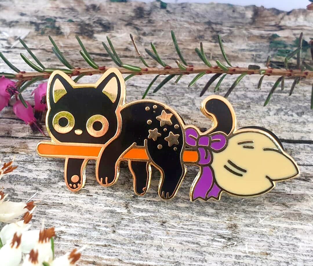 Black Witch's Cat Enamel Pin, Rollo the witch kitten gold hard lapel pins, Potion, Cauldron, Pumpkin, Spellbook, Broom and Hat Crafty Marten Art