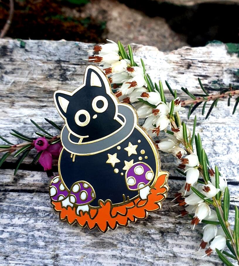 Black Witch's Cat Enamel Pin, Rollo the witch kitten gold hard lapel pins, Potion, Cauldron, Pumpkin, Spellbook, Broom and Hat Crafty Marten Art