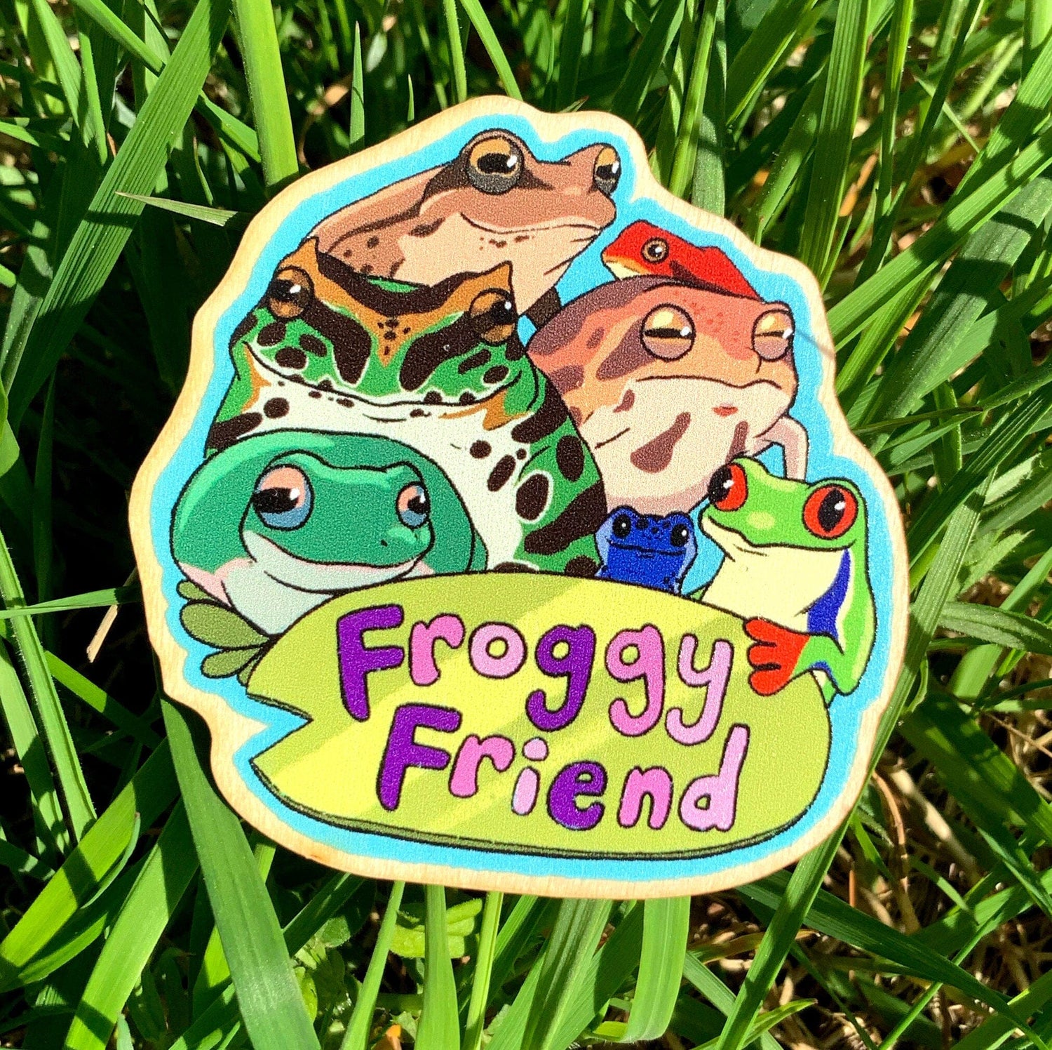 Froggy Friend Wooden Lapel Pin, Cute Frog Wood Badge, Brooch Accessory, Gift for Frog Lovers Crafty Marten Art