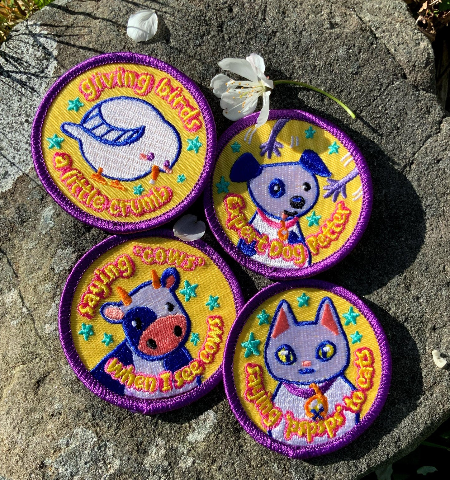 Saying “cows” when I see cows iron-on embroidered patch, Cute, colourful animal patches for clothing.