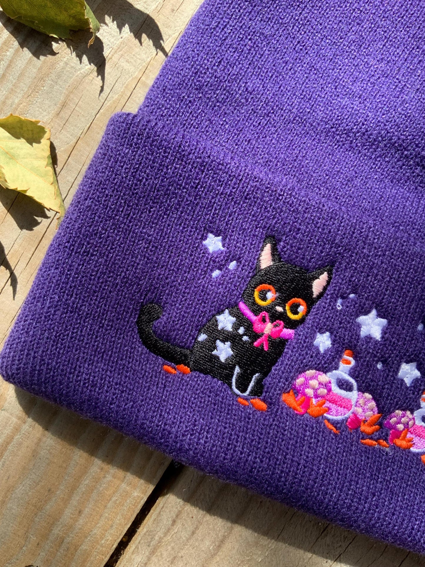 Black Witch's Cat Embroidered Beanie Hat