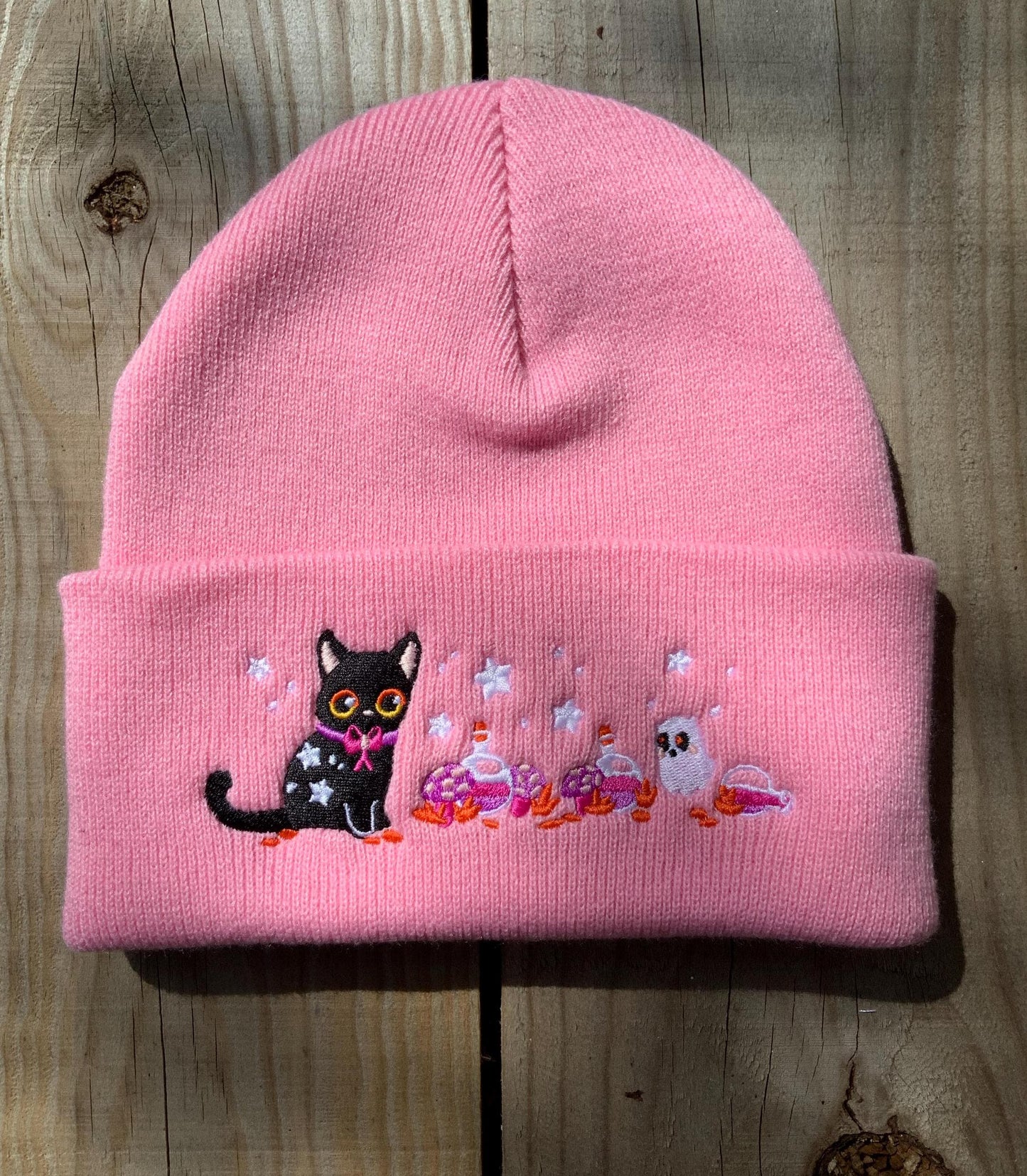 Black Witch's Cat Embroidered Beanie Hat