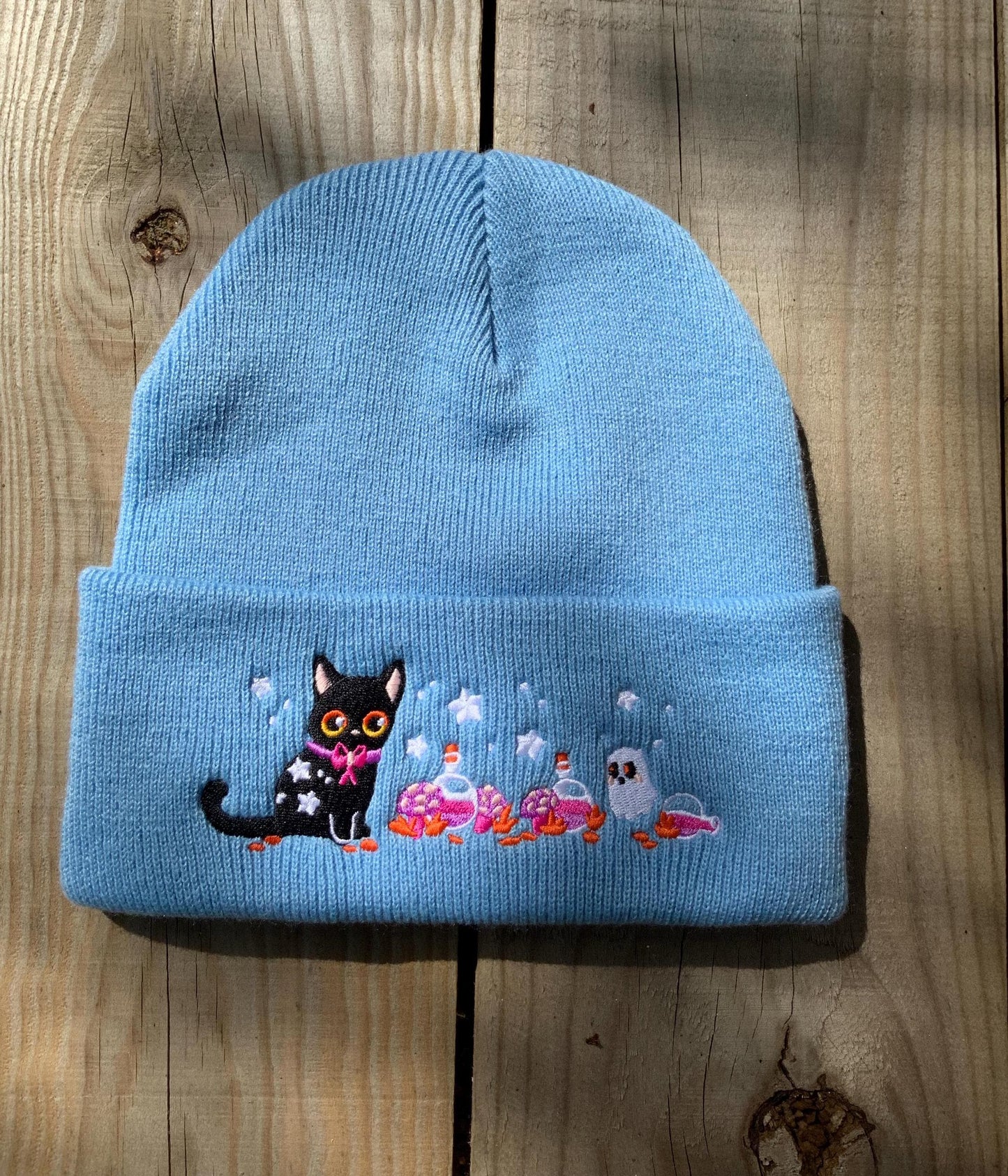 Black Witch's Cat Embroidered Beanie Hat