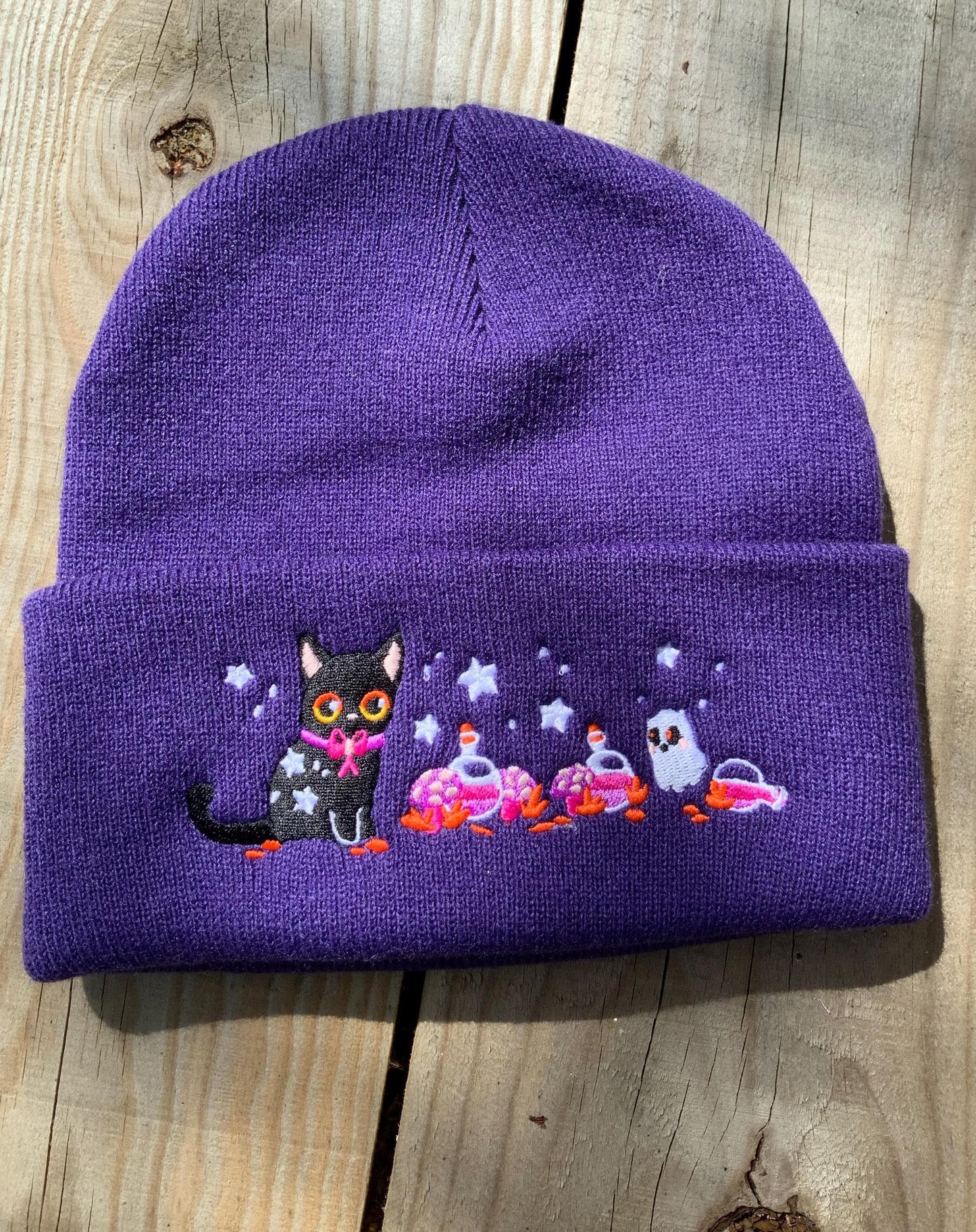 Black Witch's Cat Embroidered Beanie Hat