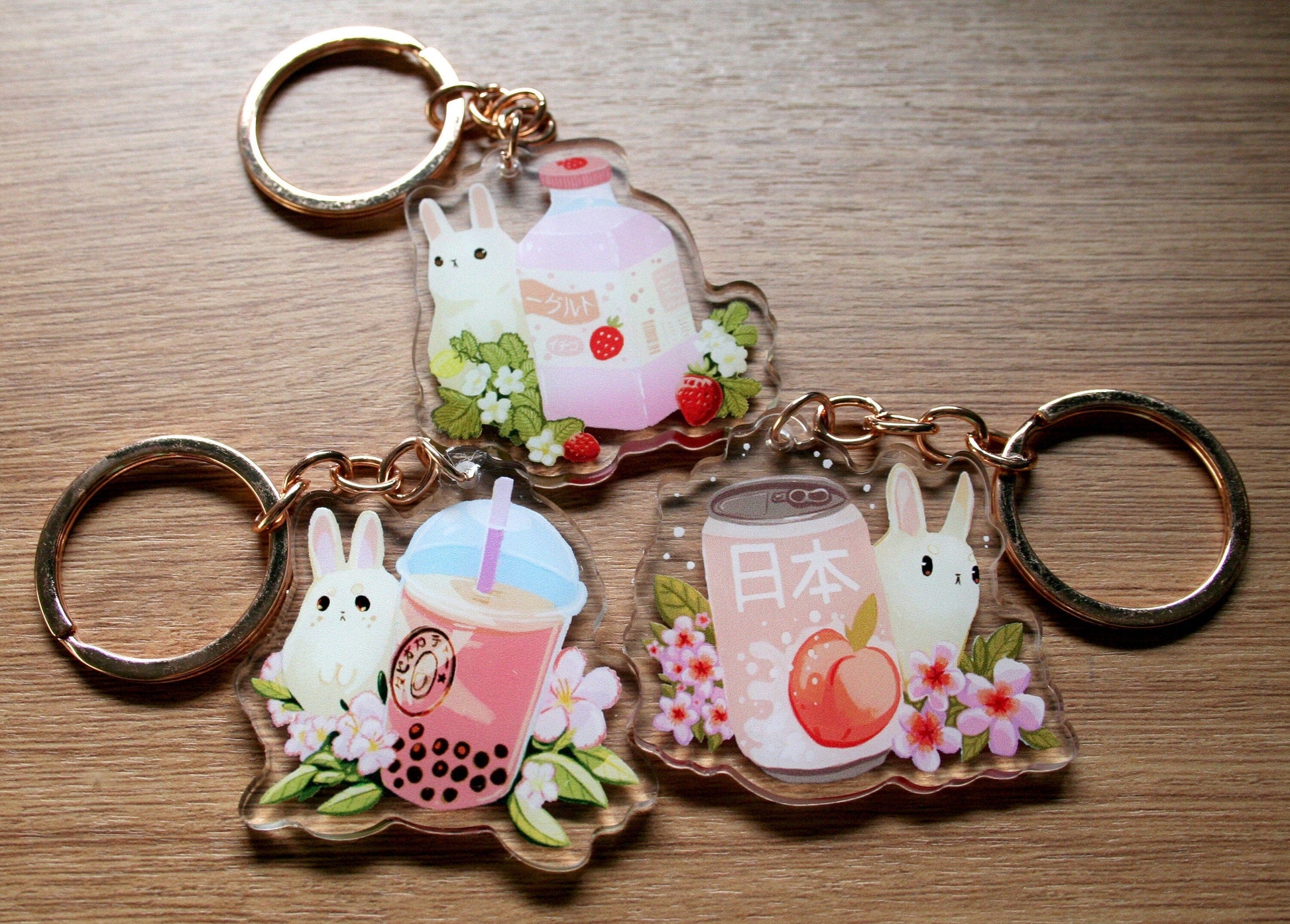 Summer Drinks Bunny Acrylic Keyring Charms, Bubble tea, strawberry milk and peach soda rabbit keychain. Crafty Marten Art