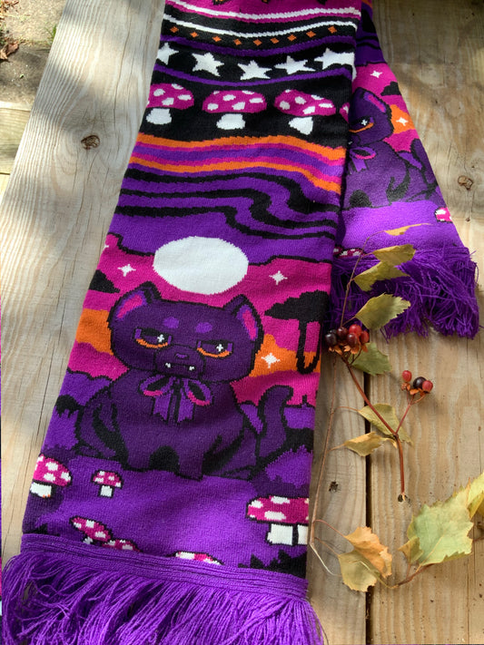 Black cat knitted acrylic scarf