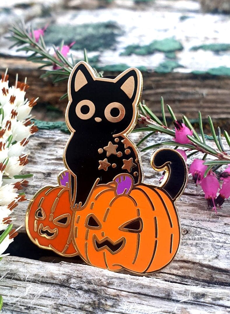 Black Witch's Cat Enamel Pin, Rollo the witch kitten gold hard lapel pins, Potion, Cauldron, Pumpkin, Spellbook, Broom and Hat Crafty Marten Art 