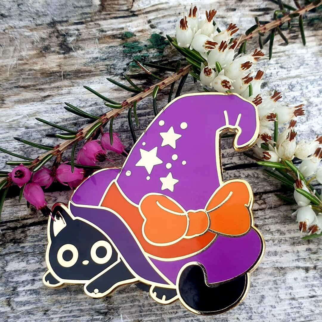 Black Witch's Cat Enamel Pin, Rollo the witch kitten gold hard lapel pins, Potion, Cauldron, Pumpkin, Spellbook, Broom and Hat Crafty Marten Art 