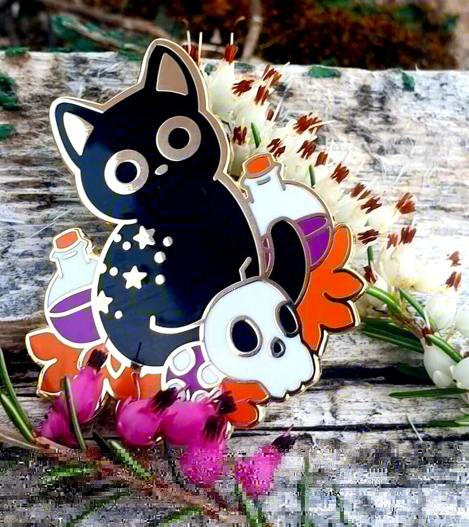 Black Witch's Cat Enamel Pin, Rollo the witch kitten gold hard lapel pins, Potion, Cauldron, Pumpkin, Spellbook, Broom and Hat Crafty Marten Art 