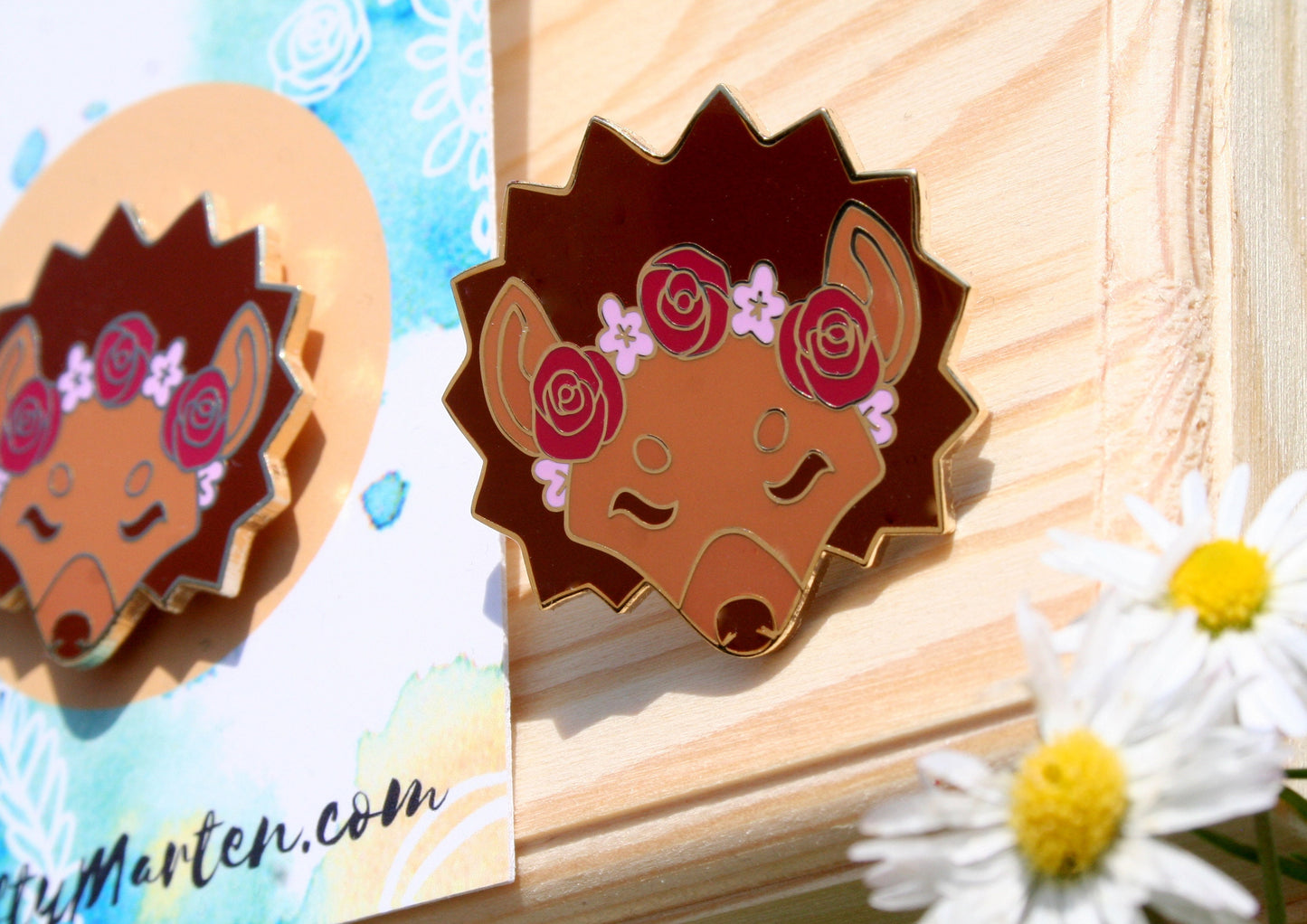 Hedgehog Enamel Pin Floral Friends Gold Hard Enamel Lapel Pin with Flower Crown Metal Pin Badge, Cute Wildlife Pin, Animal Lover Gift