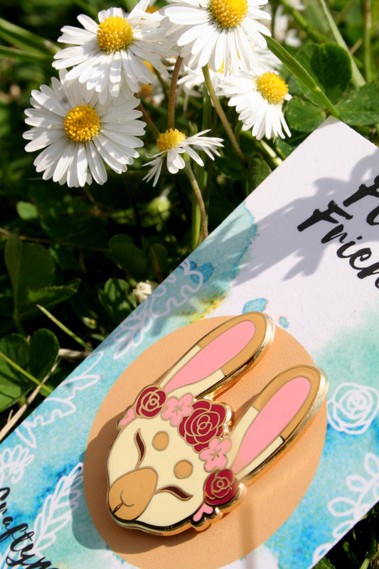 Bunny Rabbit Enamel Pin Floral Friends Gold Hard Enamel Lapel Pin with Flower Crown Metal Pin Badge, Cute Wildlife Pin, Animal Lover Gift