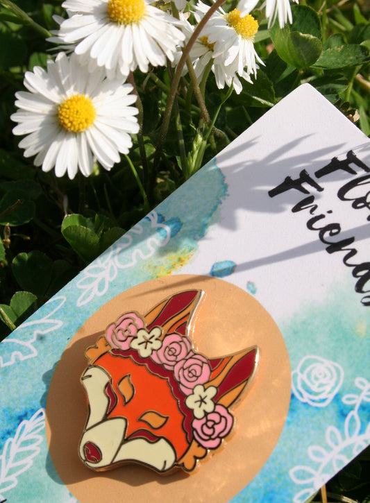 Floral Fox Gold Hard Enamel Lapel Pin, Red Fox with Flower Crown Metal Pin Badge, Cute Wildlife Pin, Animal Lover Gift