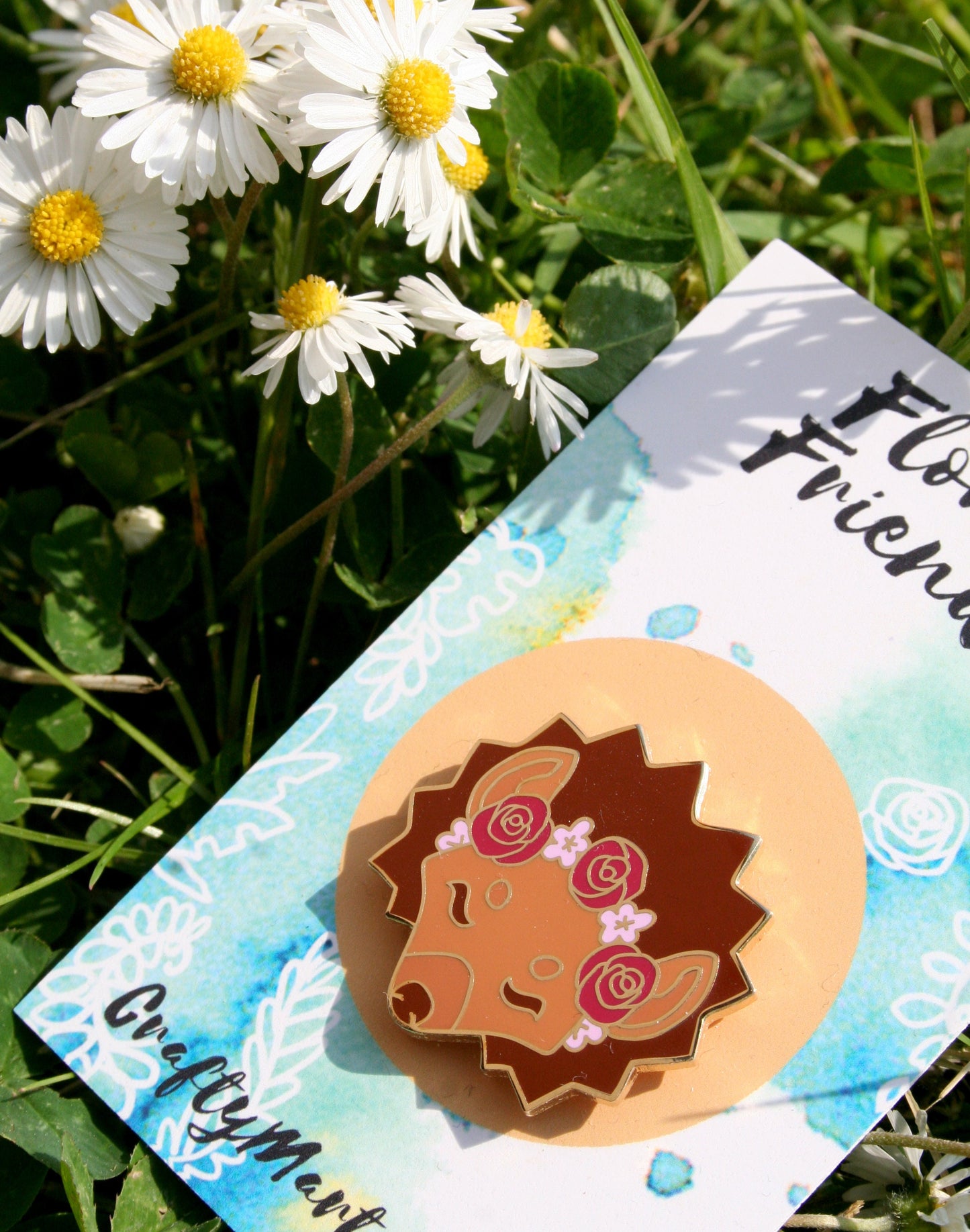 Hedgehog Enamel Pin Floral Friends Gold Hard Enamel Lapel Pin with Flower Crown Metal Pin Badge, Cute Wildlife Pin, Animal Lover Gift