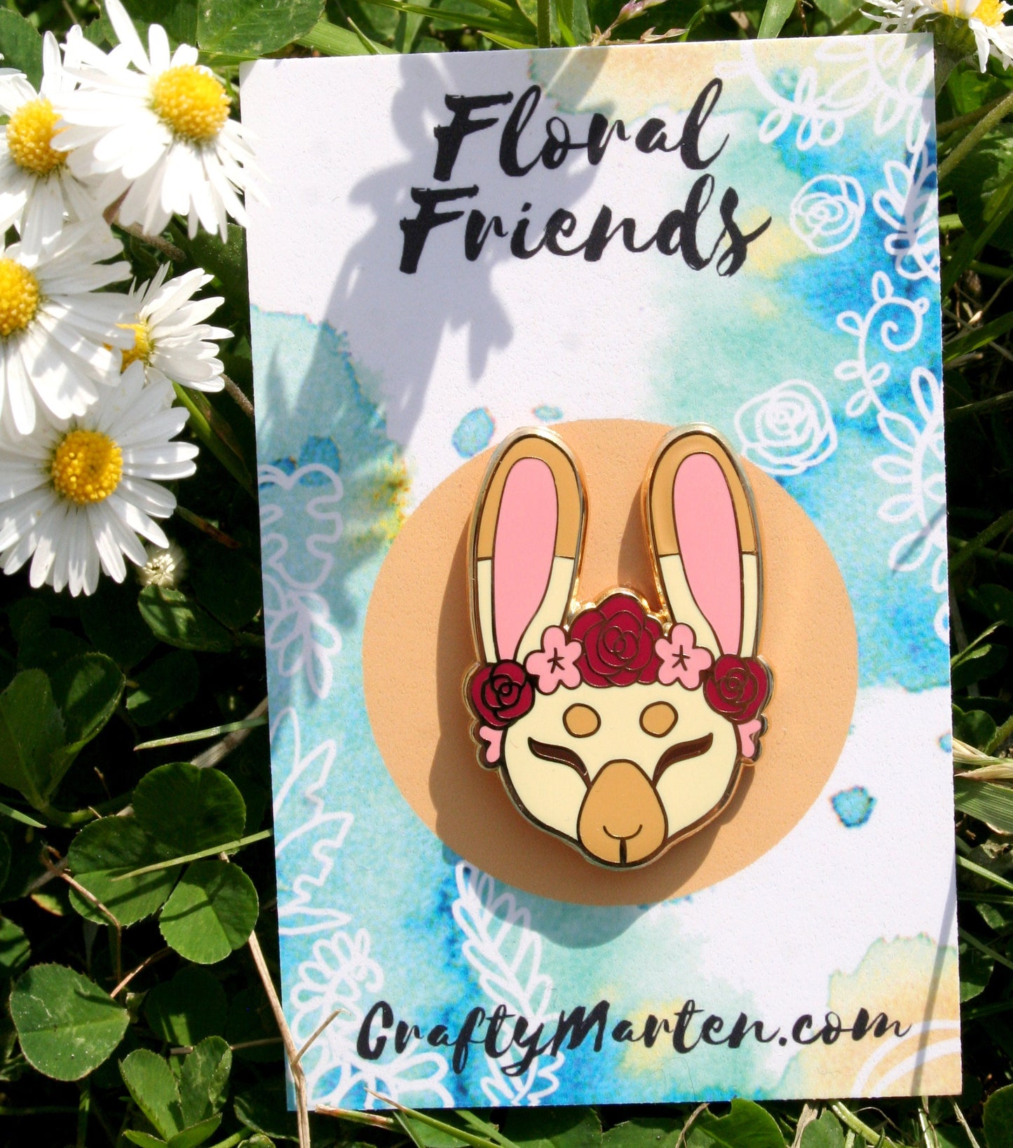 Bunny Rabbit Enamel Pin Floral Friends Gold Hard Enamel Lapel Pin with Flower Crown Metal Pin Badge, Cute Wildlife Pin, Animal Lover Gift