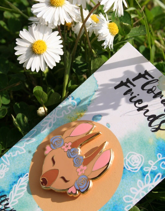 Deer Enamel Pin Floral Friends Gold Hard Enamel Lapel Pin with Flower Crown Metal Pin Badge, Cute Wildlife Pin, Animal Lover Gift