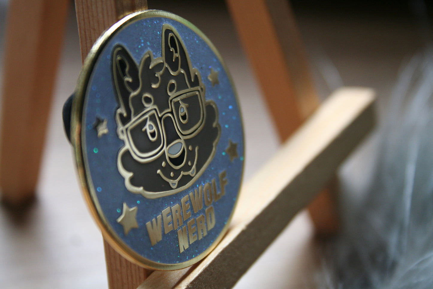 Werewolf Nerd Gold Enamel Pin, Cute Nerdy Furry Wolf, Blue Glitter Hard Enamel Lapel Pin