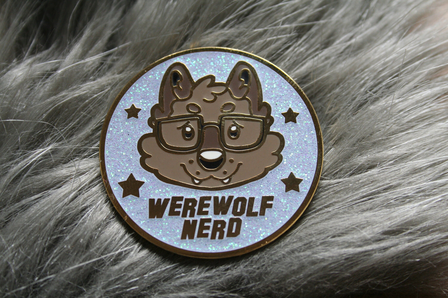 Werewolf Nerd Gold Enamel Pin, Cute Nerdy Furry Wolf, Blue Glitter Hard Enamel Lapel Pin