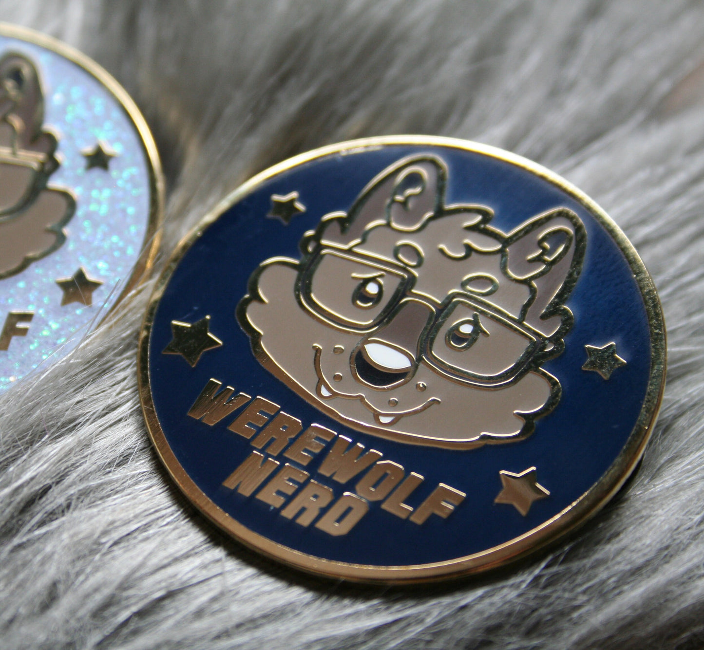 Werewolf Nerd Gold Enamel Pin, Cute Nerdy Furry Wolf, Blue Glitter Hard Enamel Lapel Pin