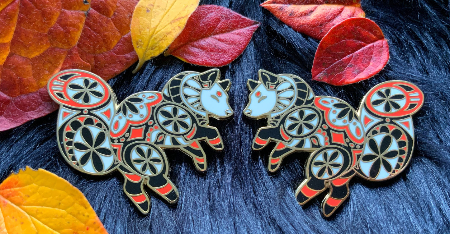 Japanese Yokai Fox Enamel Pin, Red and black Foxes Set of Gold Plated Hard Enamel Pins for Japan and nature lovers