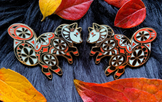 Japanese Yokai Fox Enamel Pin, Red and black Foxes Set of Gold Plated Hard Enamel Pins for Japan and nature lovers