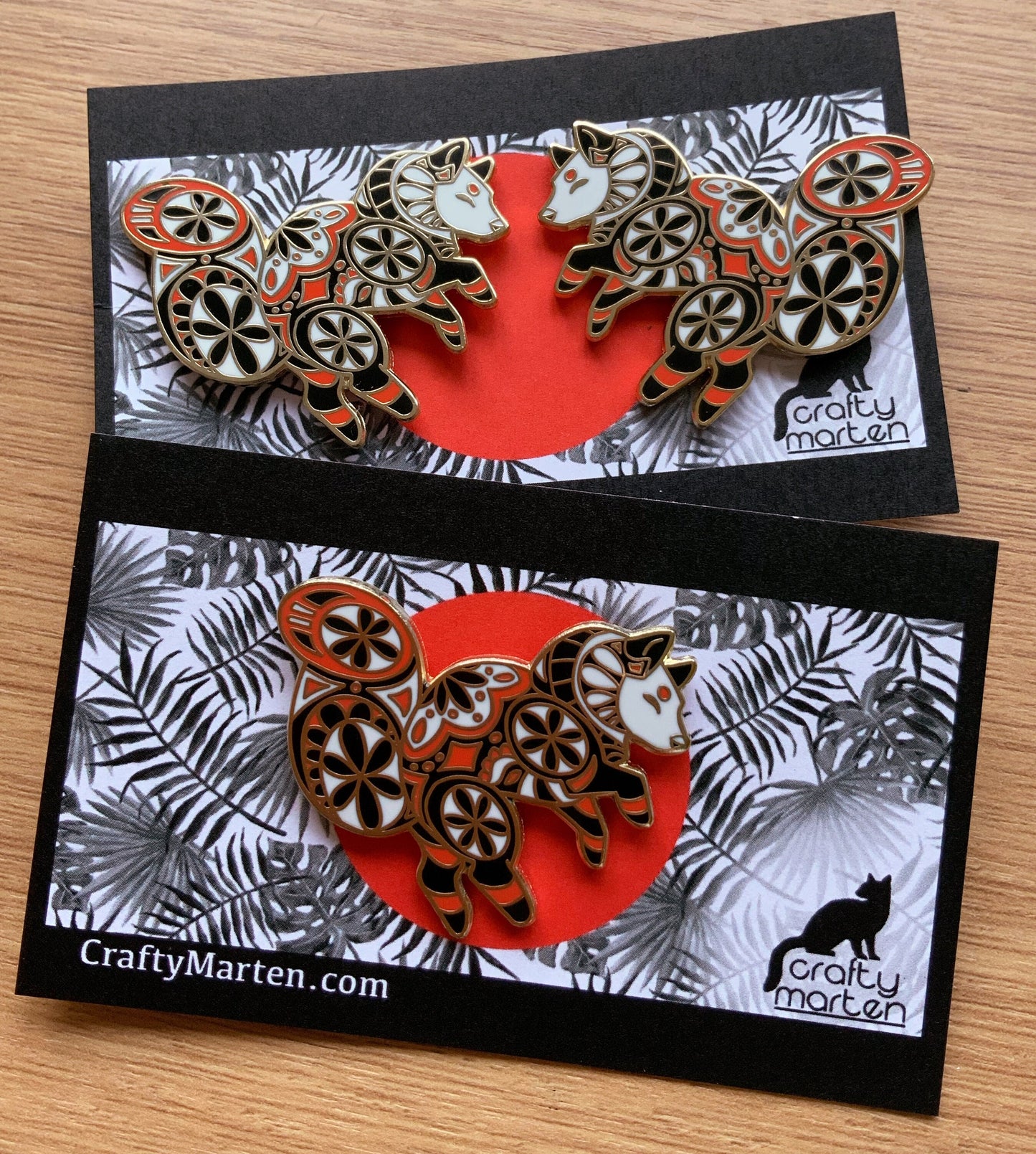 Japanese Yokai Fox Enamel Pin, Red and black Foxes Set of Gold Plated Hard Enamel Pins for Japan and nature lovers