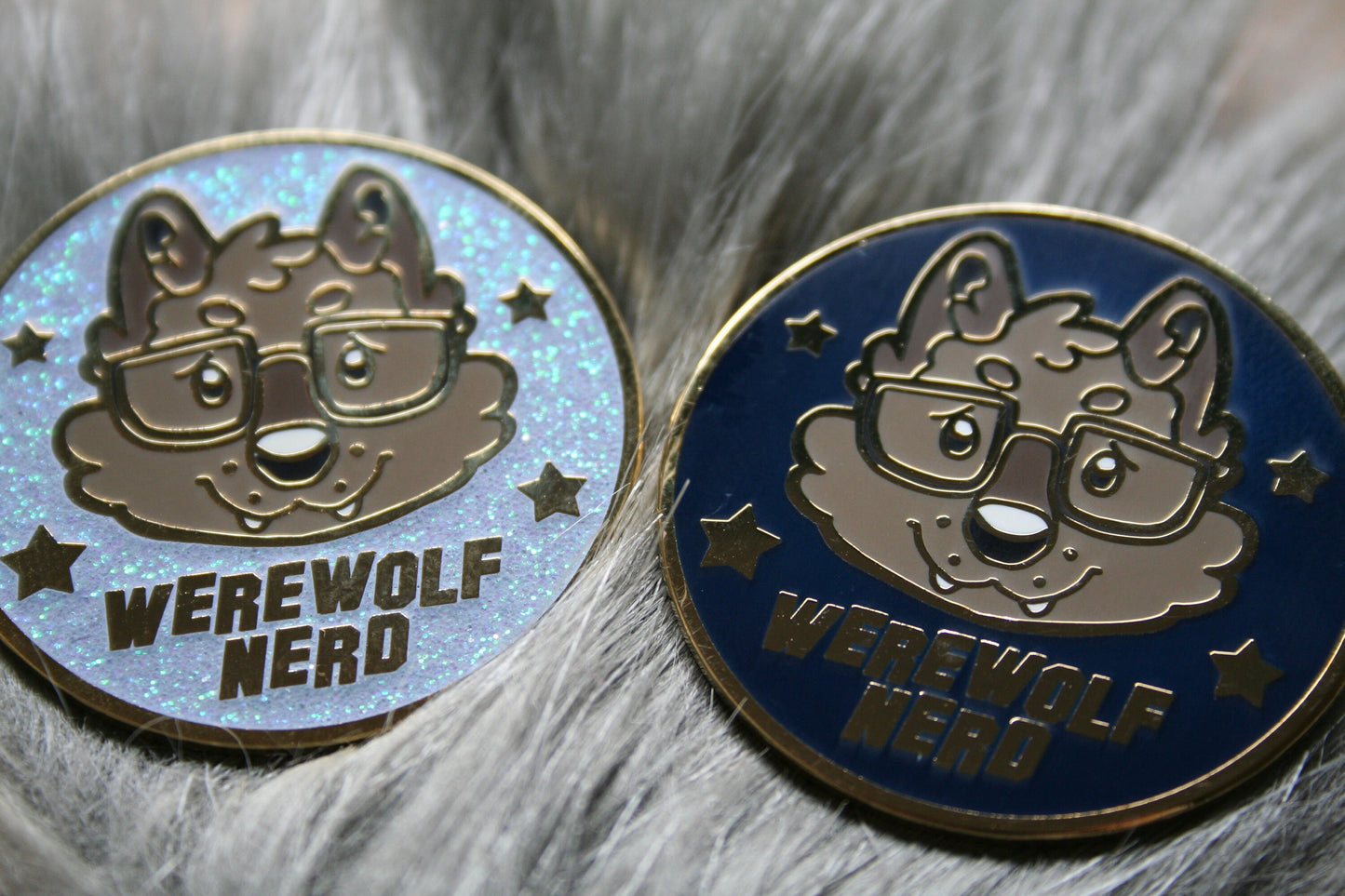 Werewolf Nerd Gold Enamel Pin, Cute Nerdy Furry Wolf, Blue Glitter Hard Enamel Lapel Pin