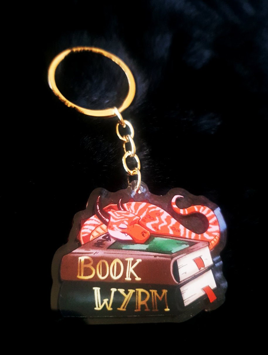 Book Wyrm Red Dragon Keyring, Double Sided Keyring Acrylic Charm for Book Lovers