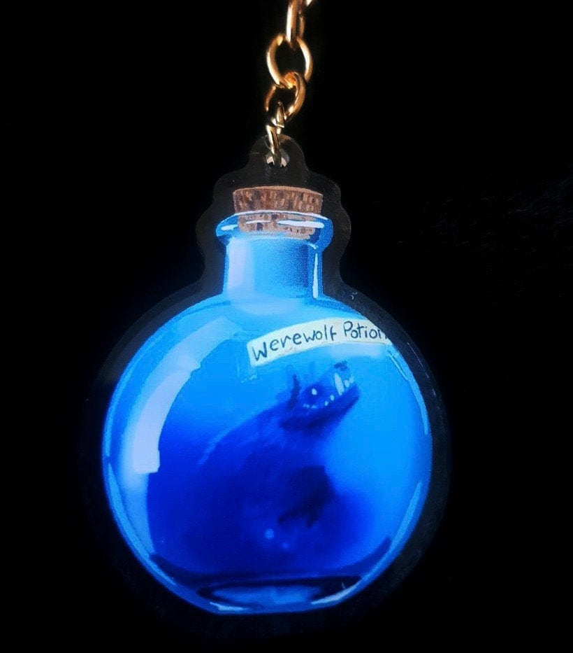 Werewolf Potion Clear Acrylic Double Sided Keyring, Lycanthropy Wolf Bottle for Horror Lovers