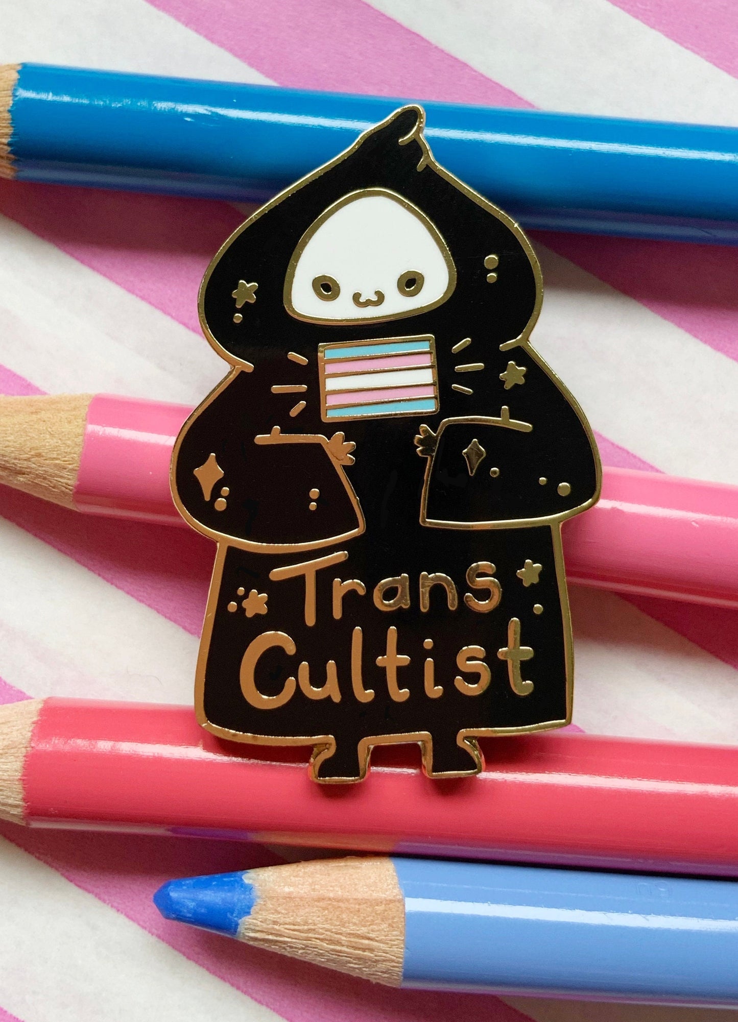 Trans Cultist LGBTQ+ Hard Enamel Pin, Transgender and Ally Pride Pin, Gold Hard Enamel Pin