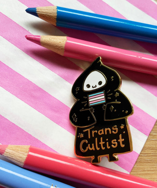 Trans Cultist LGBTQ+ Hard Enamel Pin, Transgender and Ally Pride Pin, Gold Hard Enamel Pin