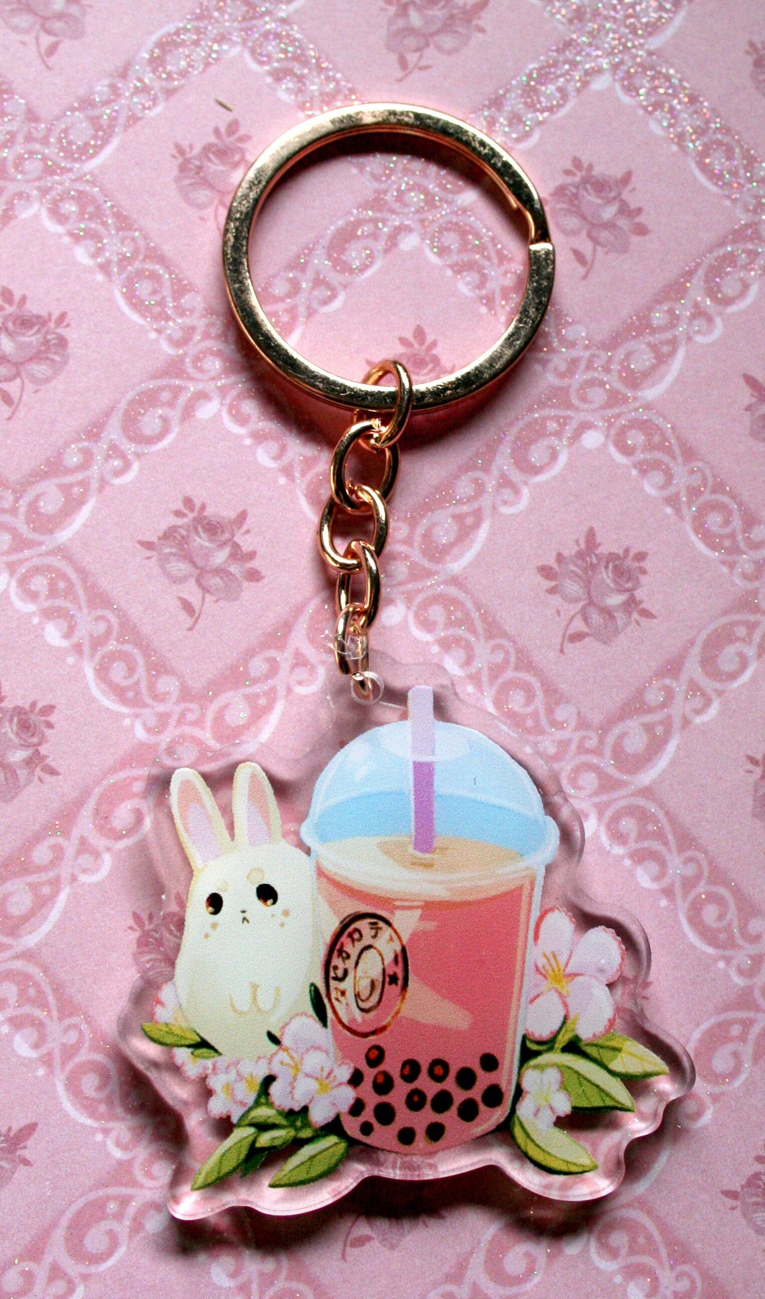 Summer Drinks Bunny Acrylic Keyring Charms, Bubble tea, strawberry milk and peach soda rabbit keychain. Crafty Marten Art 