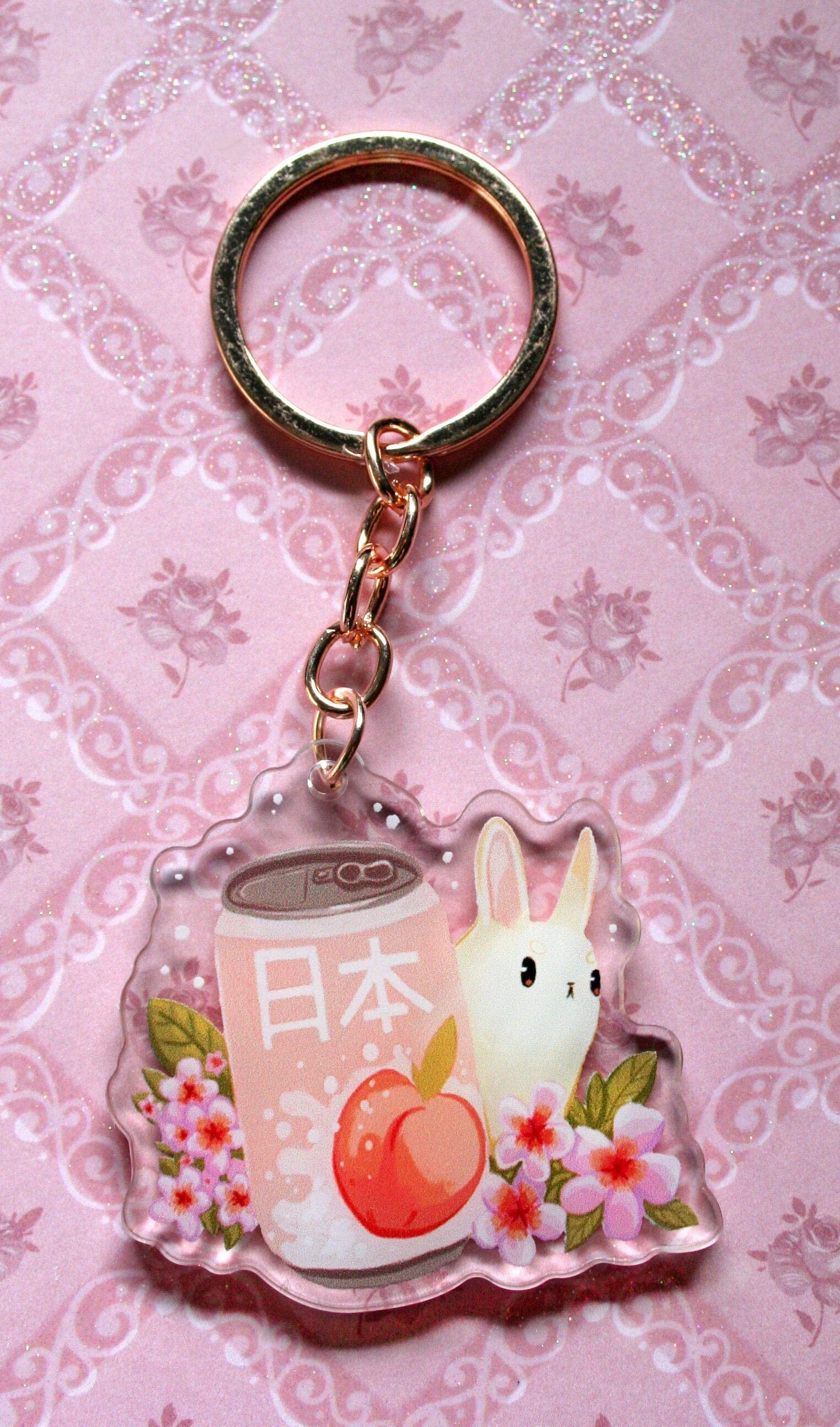 Summer Drinks Bunny Acrylic Keyring Charms, Bubble tea, strawberry milk and peach soda rabbit keychain. Crafty Marten Art 