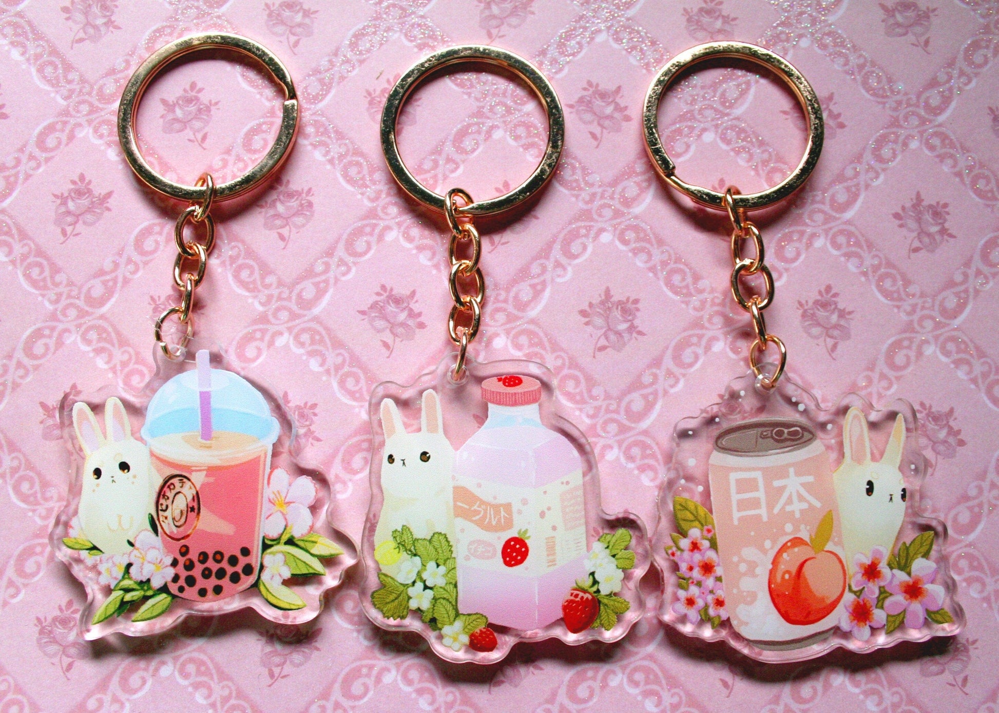 Summer Drinks Bunny Acrylic Keyring Charms, Bubble tea, strawberry milk and peach soda rabbit keychain. Crafty Marten Art 